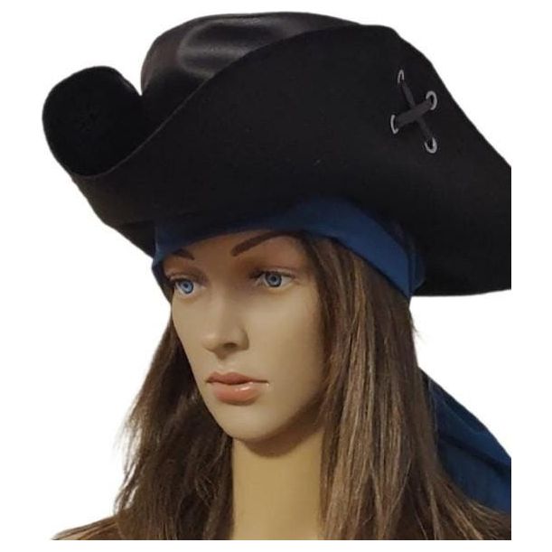 Costumes and Embroidery My Store large 24" circumference black faux leather renaissance pirate tricorne hat reverse side bonded felt fabric, choice of custom sash color