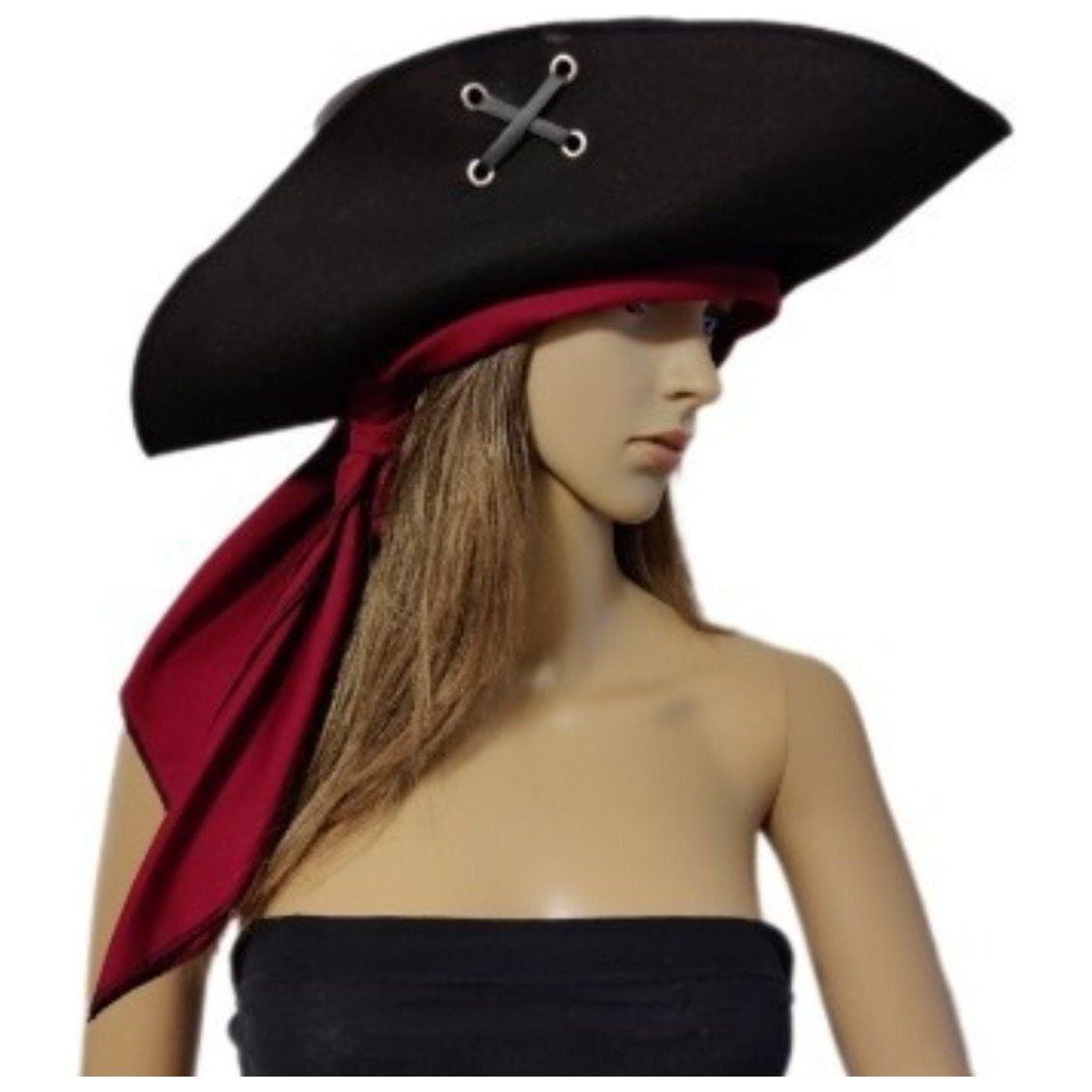 Costumes and Embroidery My Store large 24" circumference black faux leather renaissance pirate tricorne hat reverse side bonded felt fabric, choice of custom sash color