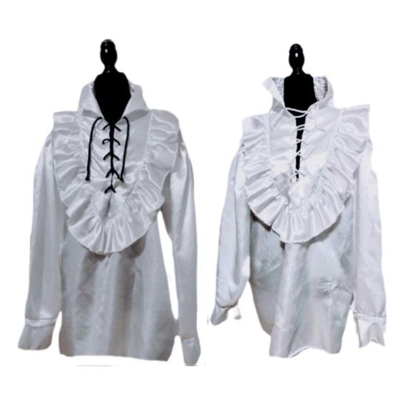 Costumes and Embroidery My Store Mens White Satin Pirate Shirt-Ruffle Collar-XL