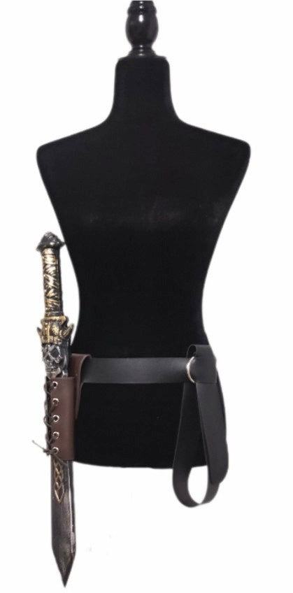 Costumes and Embroidery My Store Black &  Brown Faux Leather Loop Style Pirate Belt- Adjustable 24"- 48" Waist- Eyelet Sword Sheath