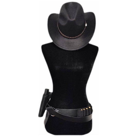 Costumes and Embroidery My Store Cowboy Hat & Holster- Sturdy Black Bonded Felt, Braided 22.5" Costume Hat-Adjustable 24"- 58"  Loop Belt