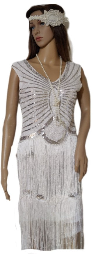 Costumes and Embroidery Costumes & Embroidery White & Silver Adult Flapper Costume Dress & Head Piece-Medium