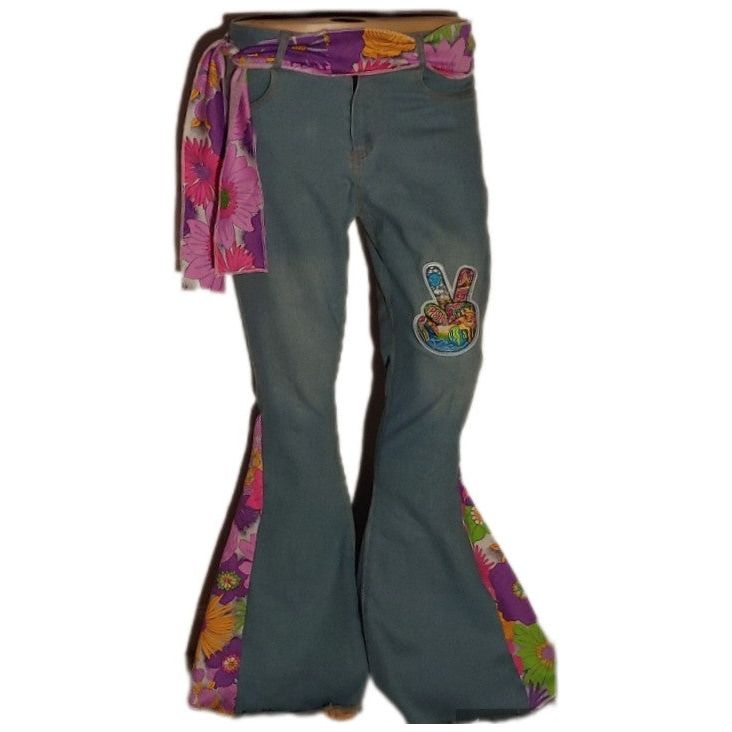 ladies small size 5 1970's theme party event 30" waist hippie boho bell bottoms flared jeans costume costumes