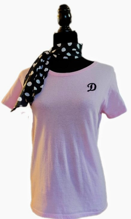 Adult Poodle Skirt Top With Polka Dotted Scarf- Personalized Embroidery- Light Pink Or Black Sock Hop Costume Shirt