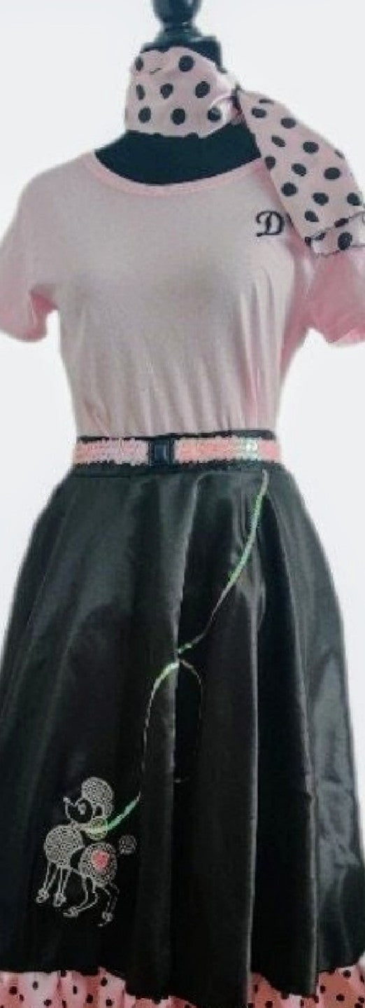 Adult Poodle Skirt Top With Polka Dotted Scarf- Personalized Embroidery- Light Pink Or Black Sock Hop Costume Shirt