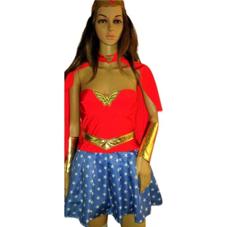 Costumes and Embroidery My Store Adult small / medium 4 piece red, white and blue wonder woman super hero Comic-con costume with quality lycra and cotton fabric