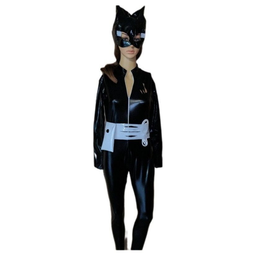 Costumes and Embroidery My Store adult small pleather black footed onesie unitard body suit full cat woman inspired cosplay comic con costume