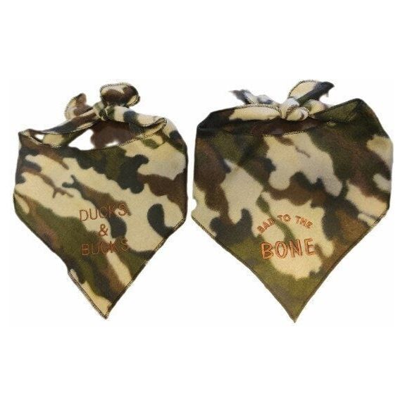 Costumes and Embroidery My Store Camouflage Hunting Dog Bandanas "Bad To The Bone"- "Beer Buddy" - "Ducks & Bucks"