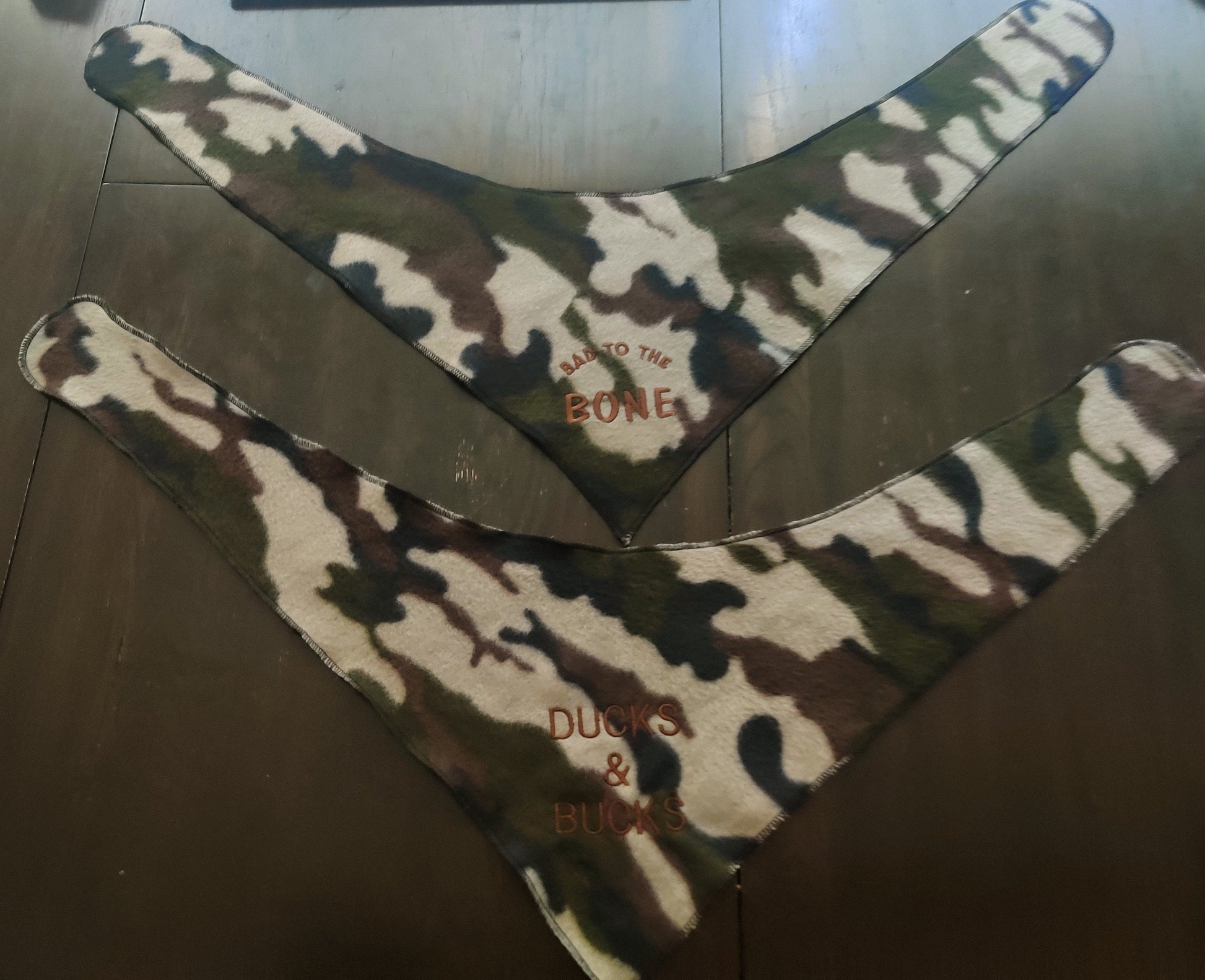 Costumes and Embroidery My Store Camouflage Hunting Dog Bandanas "Bad To The Bone"- "Beer Buddy" - "Ducks & Bucks"