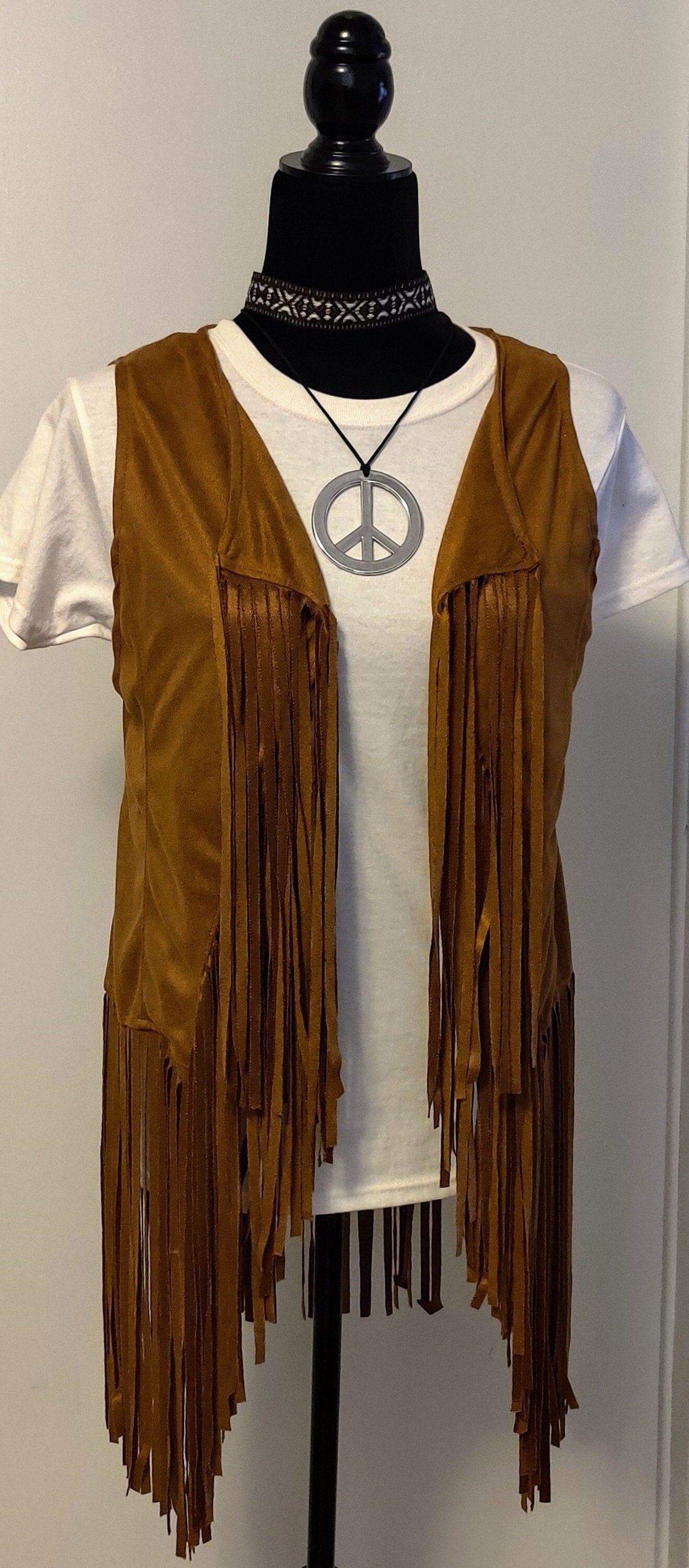 Costumes and Embroidery My Store Costumes&Embroidery- Fringed Hippie Vest,brown 1970's theme vest-head band-necklace & earrings set