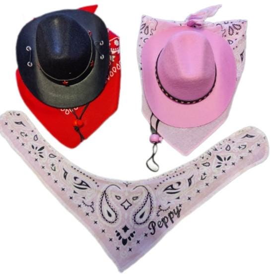 Costumes and Embroidery My Store Cowboy, Cowgirl- Dog Hat & Personalized Embroidered Name Bandana Set Measures- Diameter 12" Brim Circumference 22"- Bandana 12"By 17"