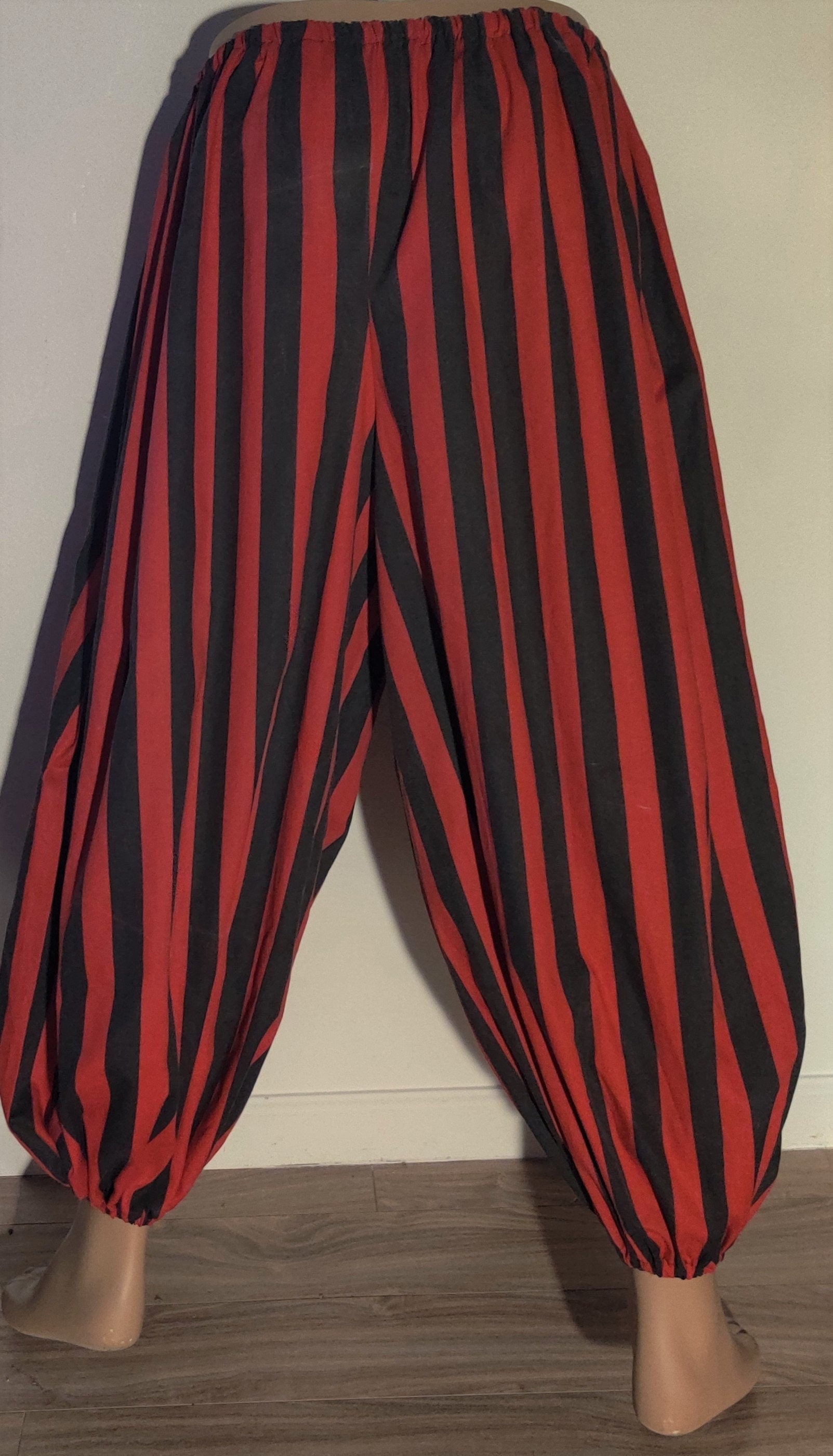 Costumes and Embroidery My Store Custom Size Pirate Pants- Red & Black Wide Stripes- Optional Belt Loops & Pockets