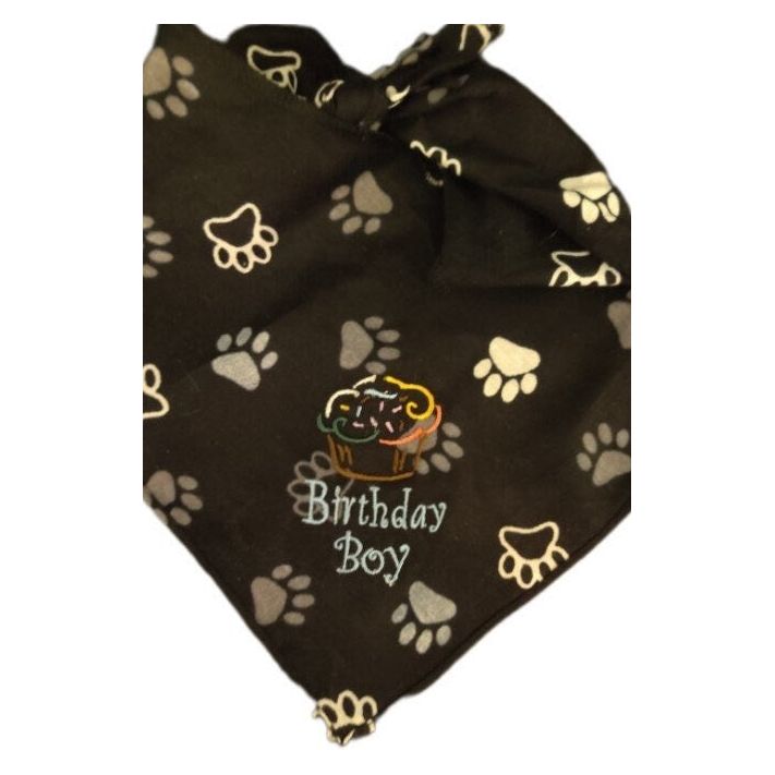 Costumes and Embroidery My Store Dog Bandanas-Embroidered Birthday Boy- Black Paw Print