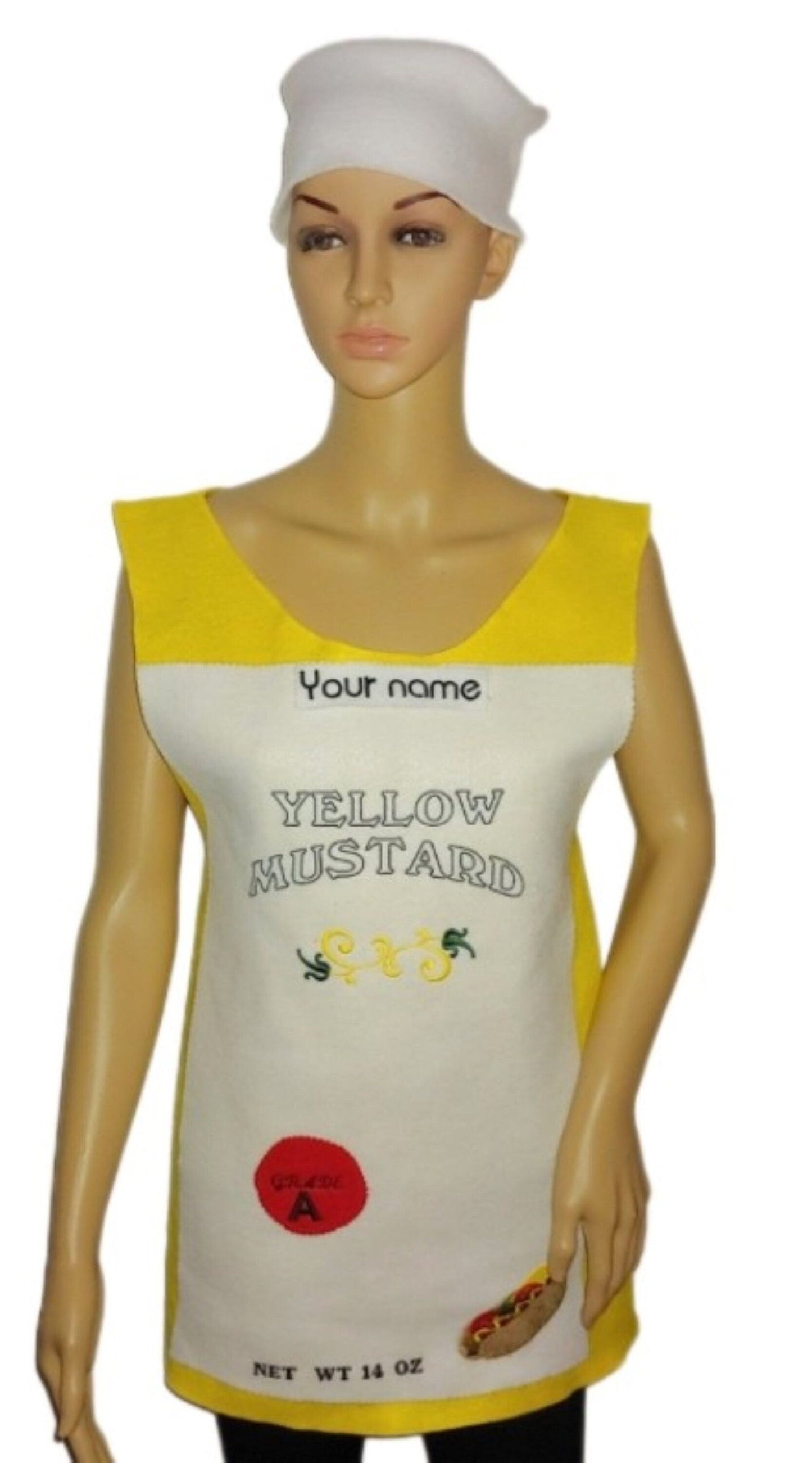Costumes and Embroidery My Store embroidered personalized name or fun word adult size mustard or ketchup condiment food restaurant  costume