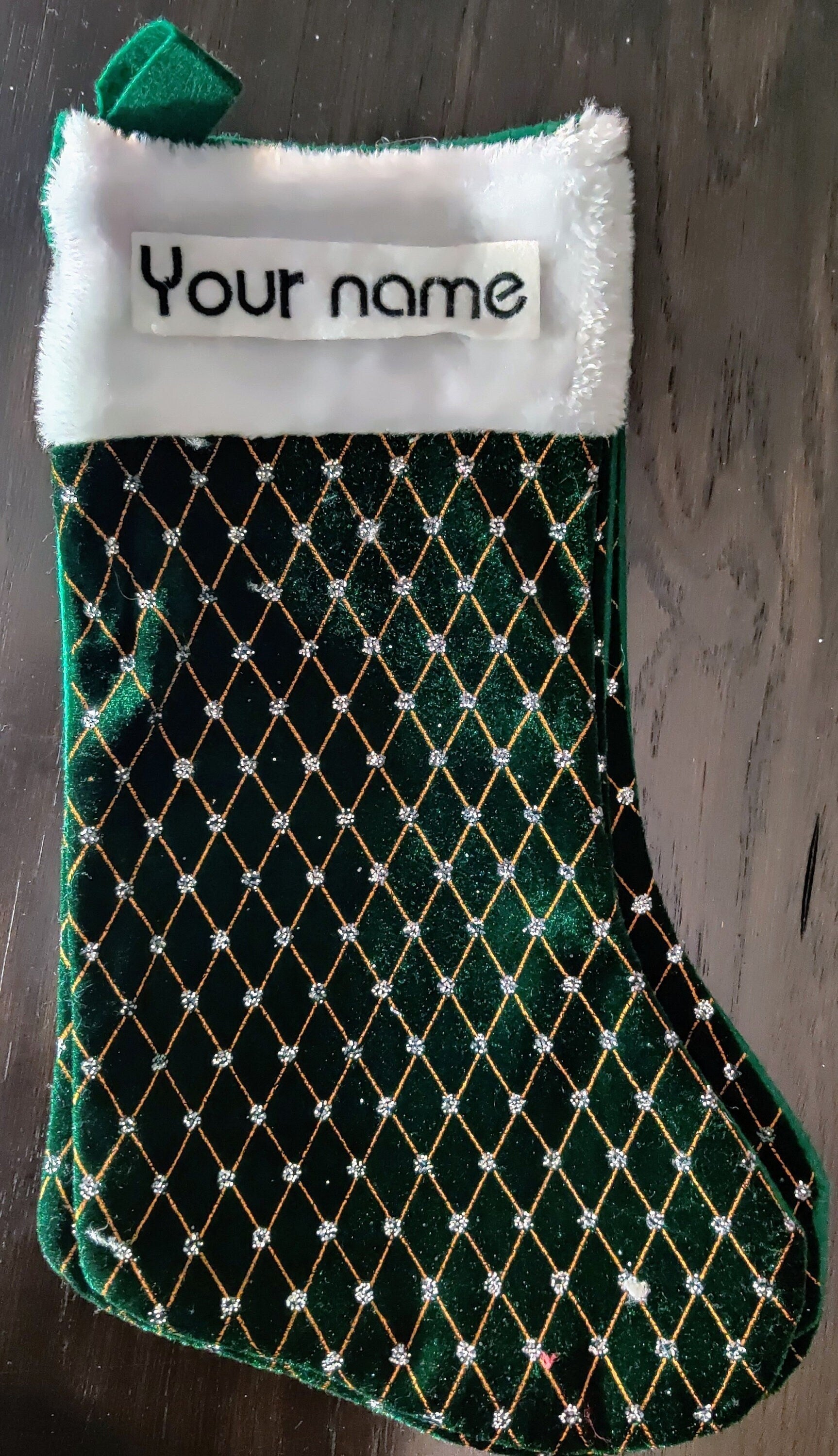 Costumes and Embroidery My Store Green Crystal & White Christmas Stocking-Custom personalized embroidered Name