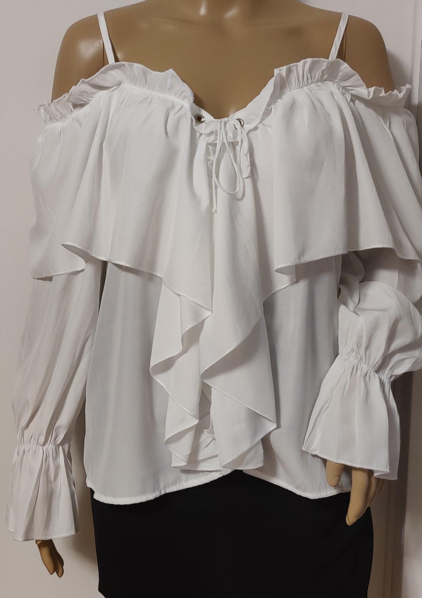 Costumes and Embroidery My Store Pirate Ruffled  Pirate Costume Blouse-White Drop Shoulder Style-Medium-Cotton Polyester,Pull-Over