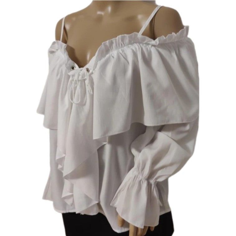 Costumes and Embroidery My Store Pirate Ruffled  Pirate Costume Blouse-White Drop Shoulder Style-Medium-Cotton Polyester,Pull-Over