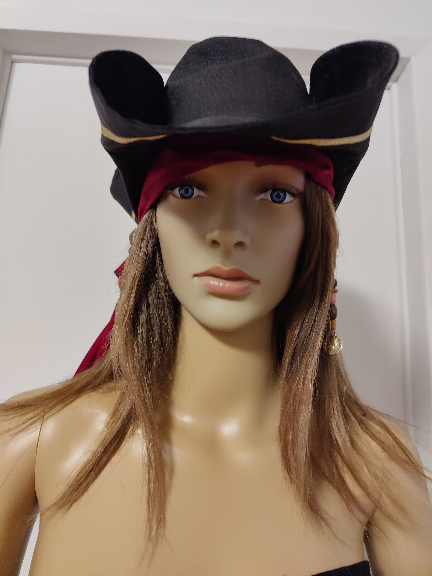 Costumes and Embroidery My Store small 23" circumference black and metallic gold polyester renaissance pirate tricorne hat with beaded burgundy sash