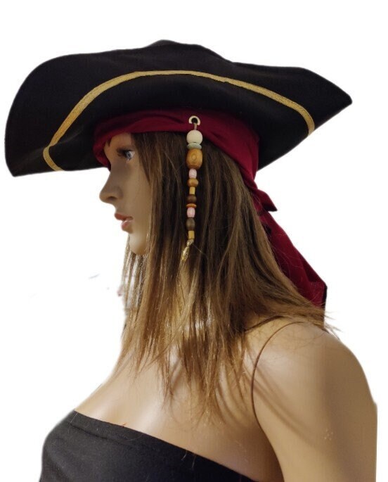 Costumes and Embroidery My Store small 23" circumference black and metallic gold polyester renaissance pirate tricorne hat with beaded burgundy sash