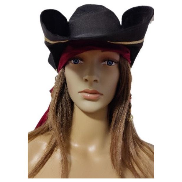 Costumes and Embroidery My Store small 23" circumference black and metallic gold polyester renaissance pirate tricorne hat with beaded burgundy sash