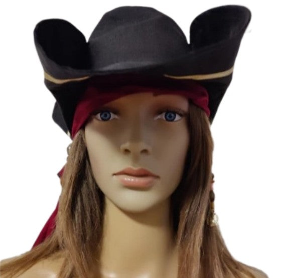 Costumes and Embroidery My Store small 23" circumference black and metallic gold polyester renaissance pirate tricorne hat with beaded burgundy sash