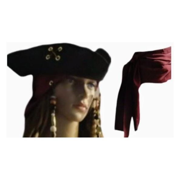 Costumes and Embroidery My Store Tricorne Pirate Hat Set-Black & Metallic Gold Hat-Beaded Burgundy Bandana- Waist Sash