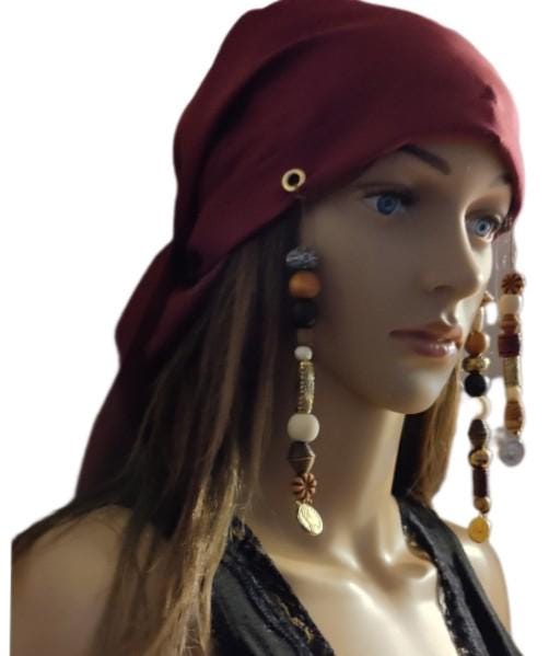 Costumes and Embroidery My Store Tricorne Pirate Hat Set-Black & Metallic Gold Hat-Beaded Burgundy Bandana- Waist Sash