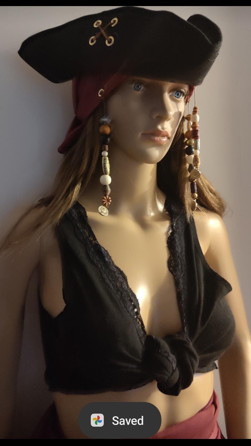 Costumes and Embroidery My Store Tricorne Pirate Hat Set-Black & Metallic Gold Hat-Beaded Burgundy Bandana- Waist Sash