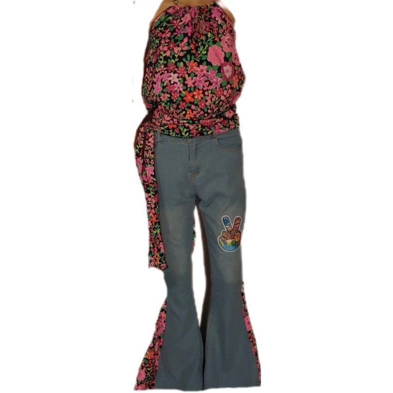 1970's Theme Costume Hippie Boho Bell bottoms- Flared Jeans & Halter Top